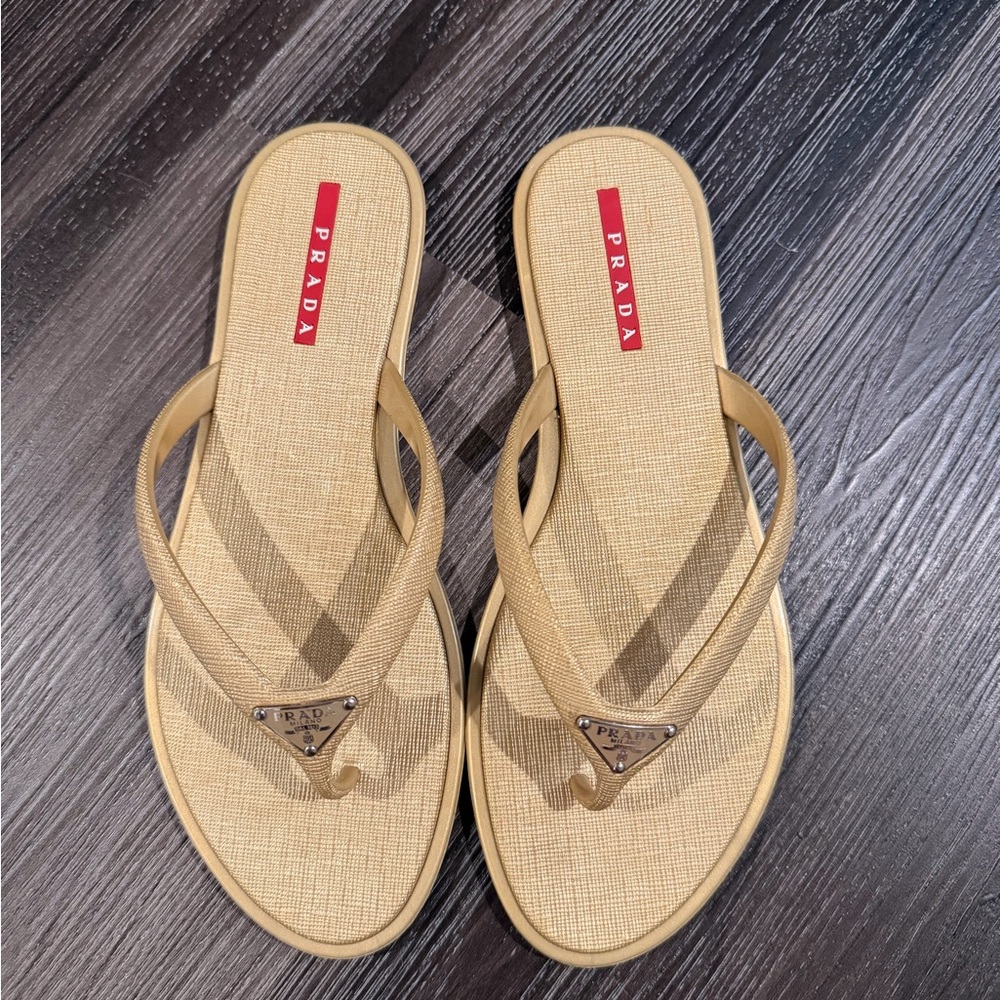 Prada Tan Woven-Texture Logo Triangle Flip Flops with dust bag - Picture 2 of 5